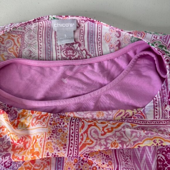 Chicos Blouse Coastal Tile Chiffon Bubble Hem Pink Orange XL - Picture 7 of 12